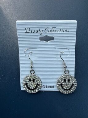 Silver Crystal Smiley Face Drop Earrings